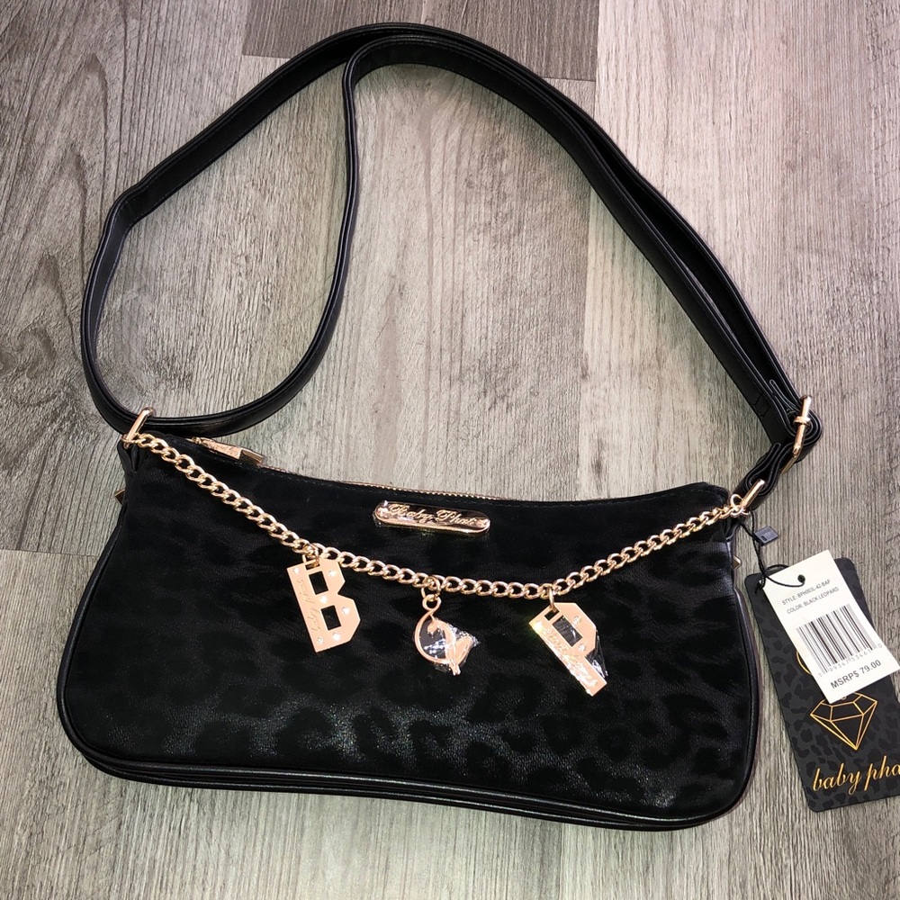 Baby Phat Black Leopard Velvet Faux Leather Shoulder Bag Chain Accent NWT